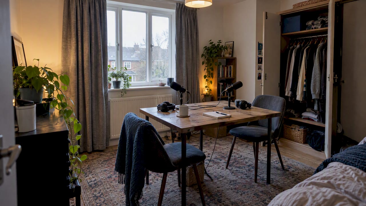 Spare bedroom with simple acoustic treatment for home podcast recording
