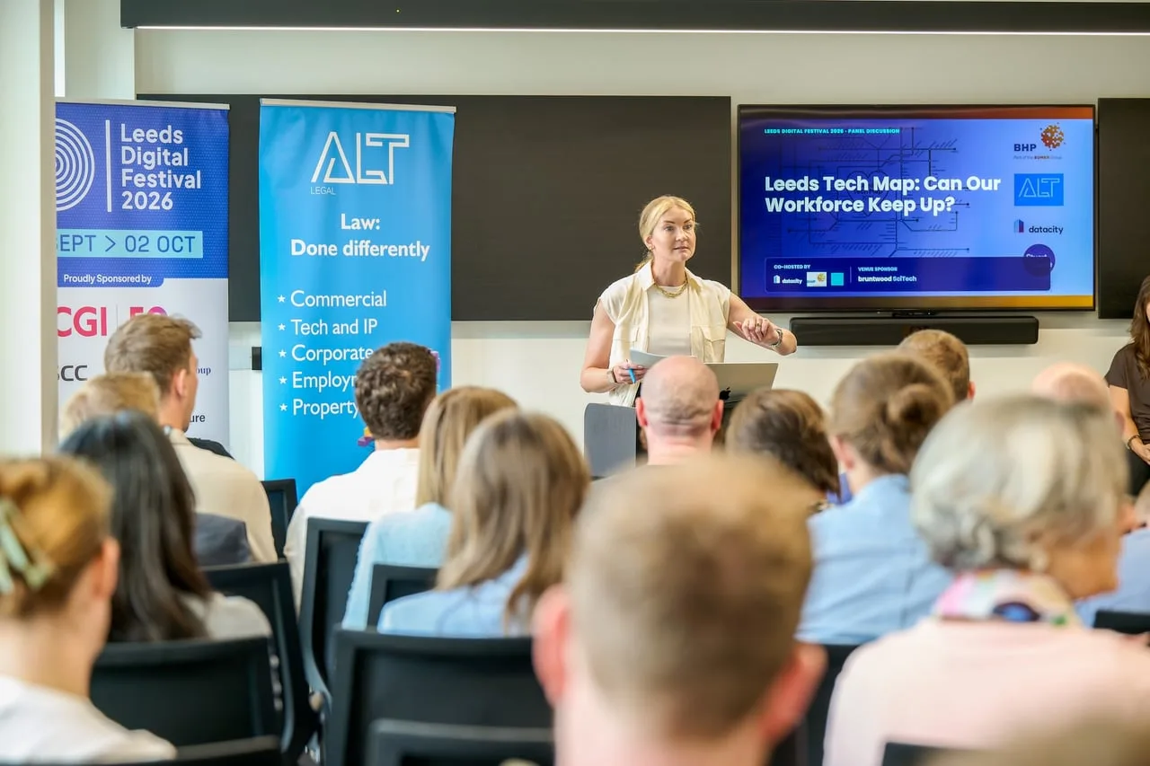 Full room watching the Insights from the Leeds Tech Map talk, with Alt Legal and Leeds Digital Festival banners, Leeds — event photography by Dock Street Studio, Leeds