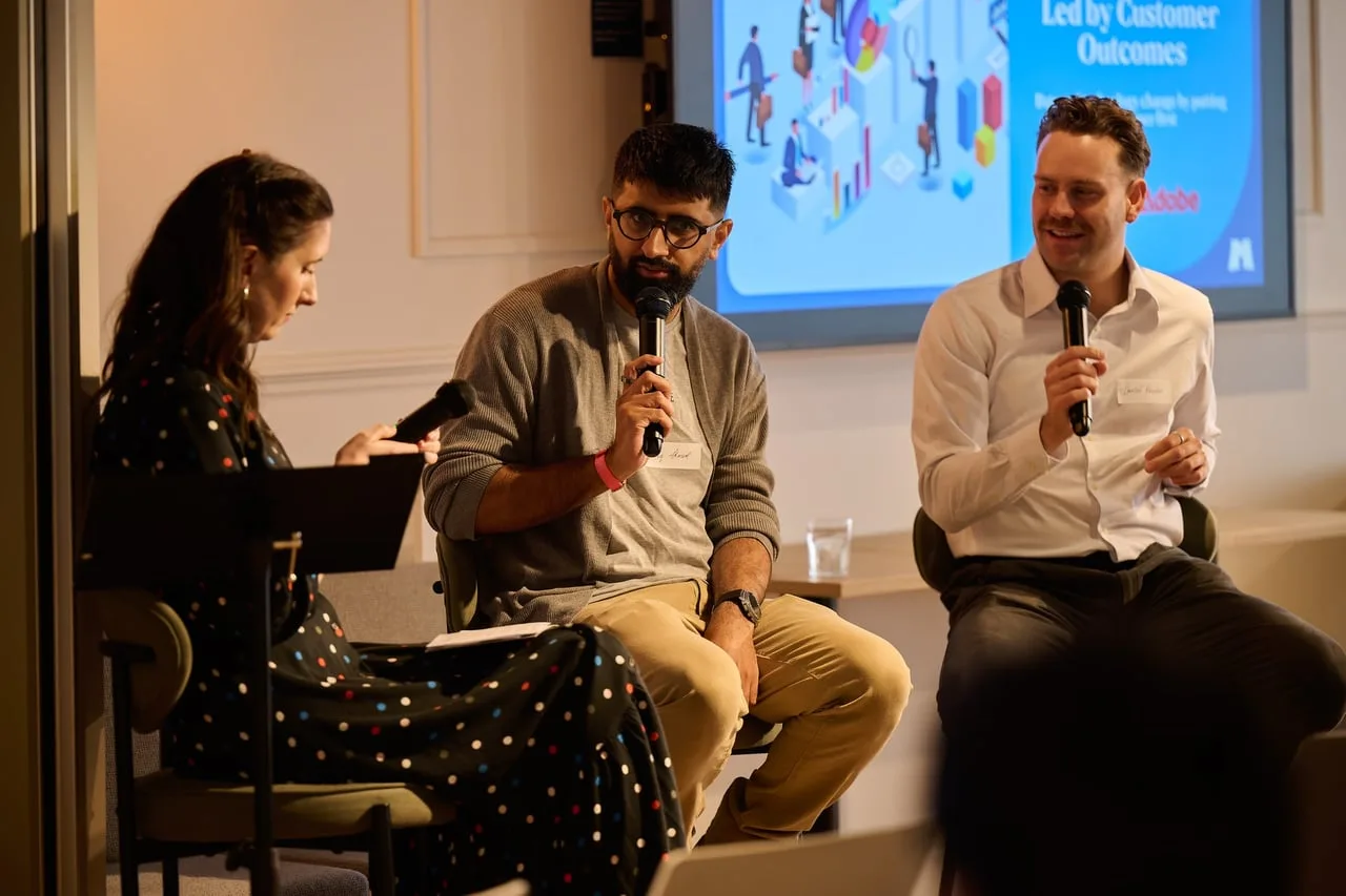 Panel discussion with three speakers at Transformation & Customer Outcomes, hosted by Skipton Group for Leeds Digital Festival — event photography by Dock Street Studio, Leeds