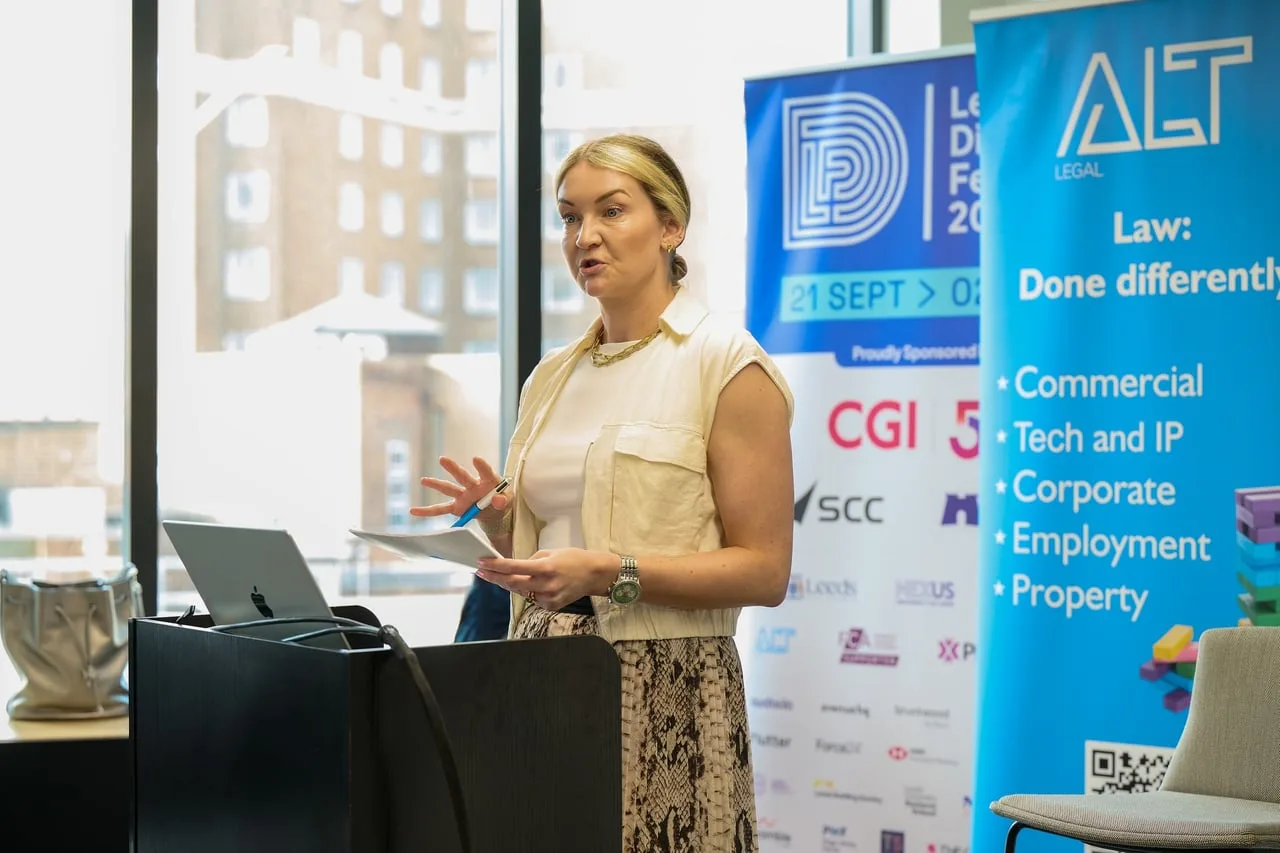 Speaker presenting Insights from the Leeds Tech Map in front of Alt Legal, Leeds Digital Festival and CGI sponsor banners, Leeds — event photography by Dock Street Studio, Leeds