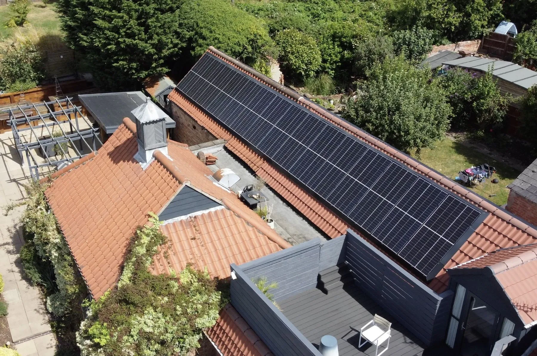 Solar panels on a tiled roof, seen from above