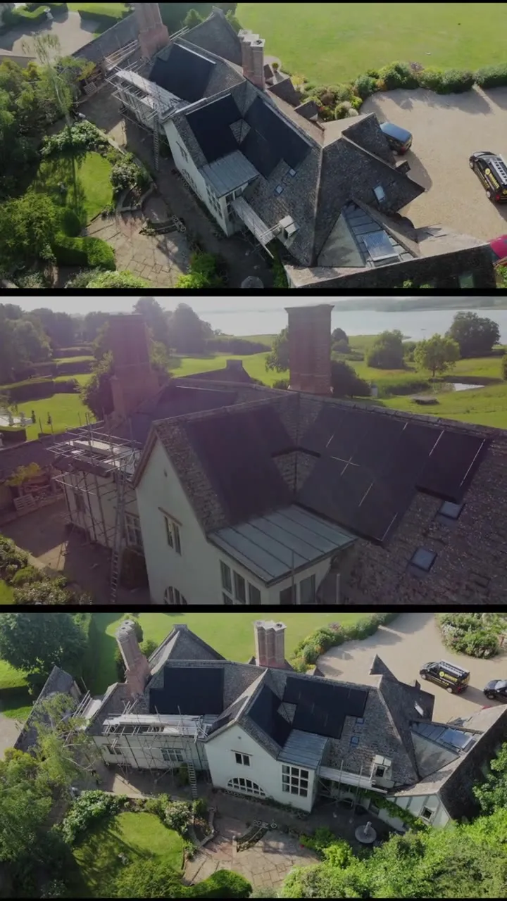 Three aerial views of a Rutland home with solar panels across its roofs