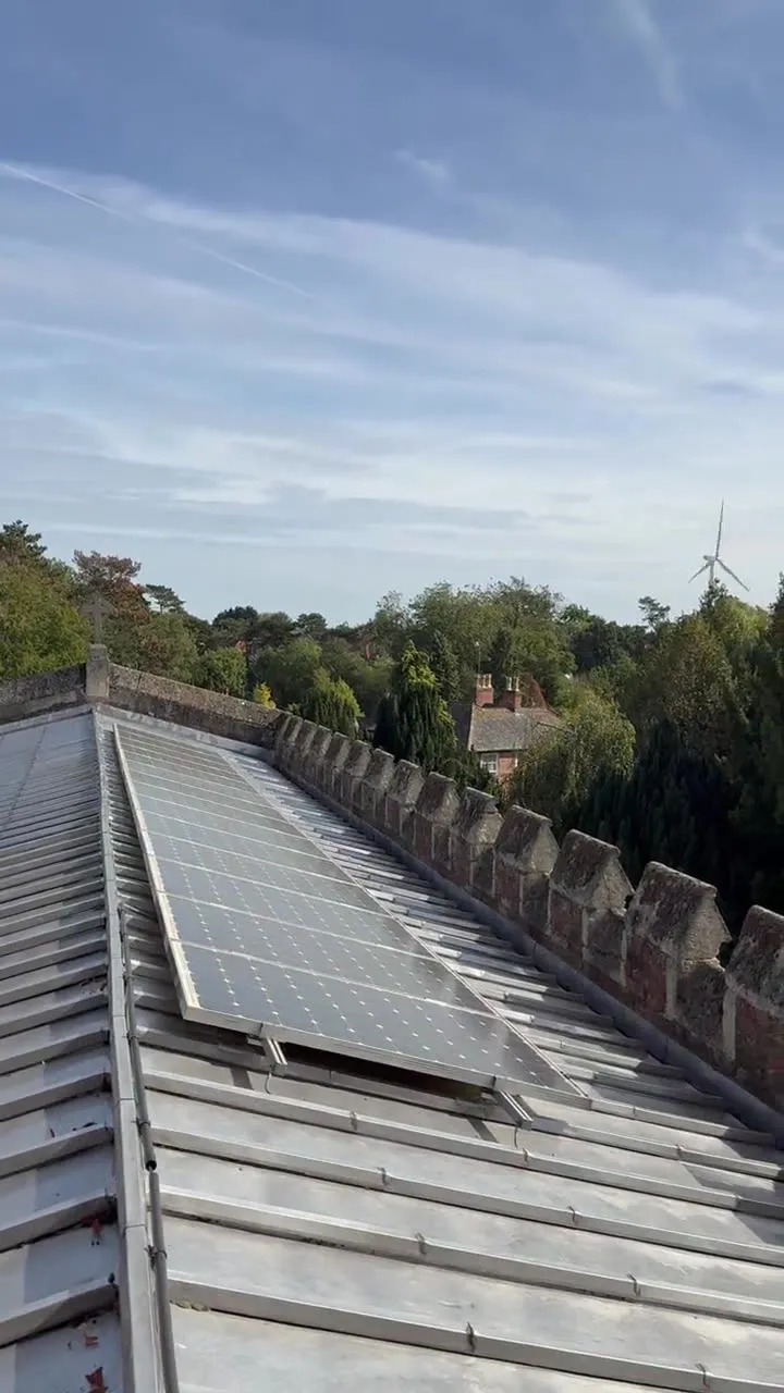 Solar panels on a village church roof