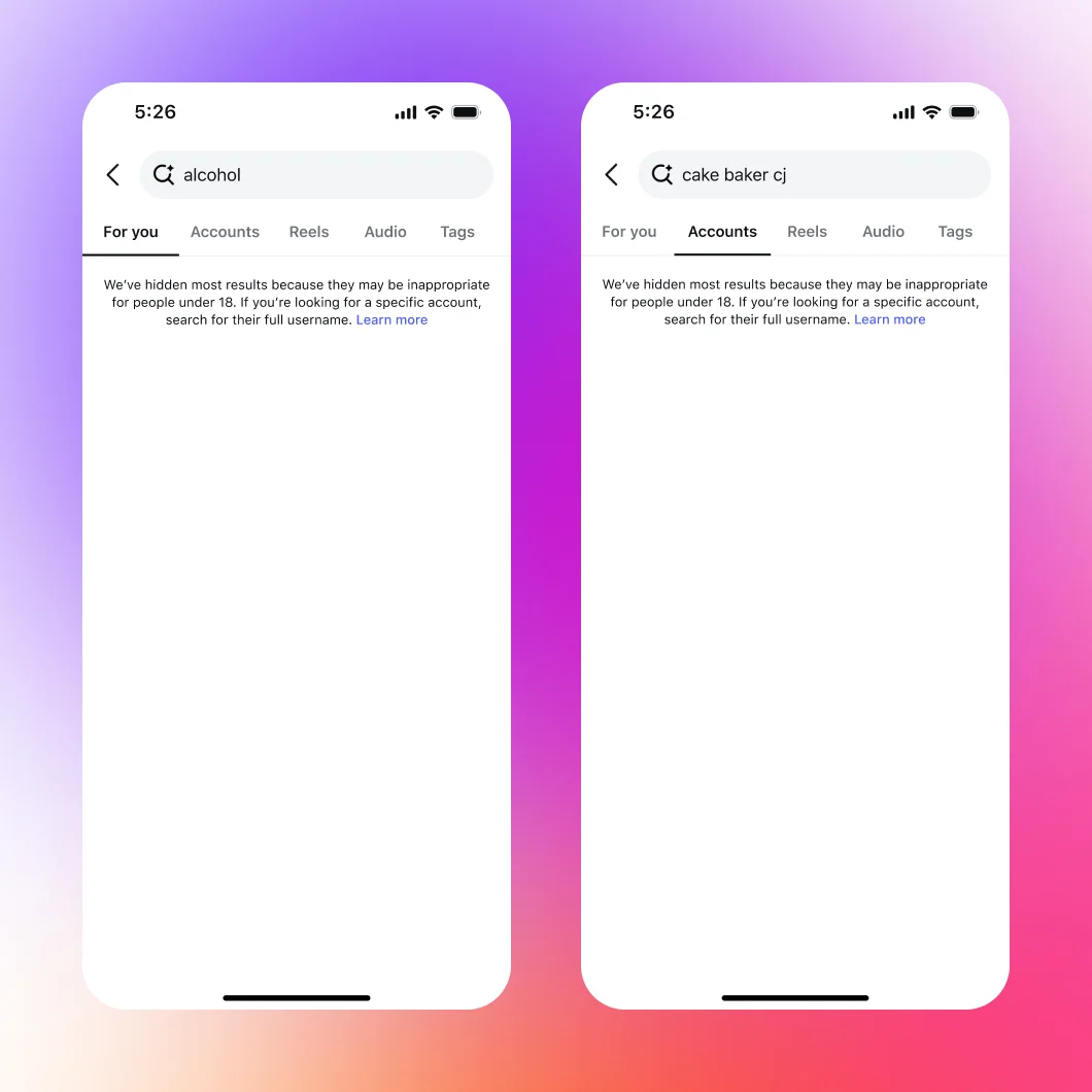 Instagram では年齢に不適切なコンテンツが表示されず、検索もできないことを示す UI 画面。