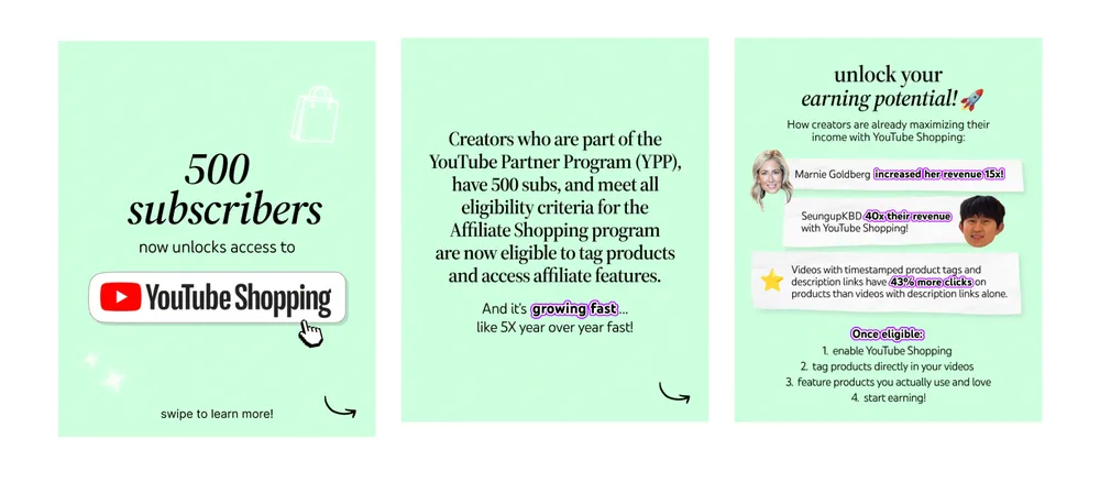 薄緑色の背景に3つのパネルで構成された情報インフォグラフィック。YouTubeショッピングが登録者数500人以上のクリエイターに拡大されたことを詳しく説明している。