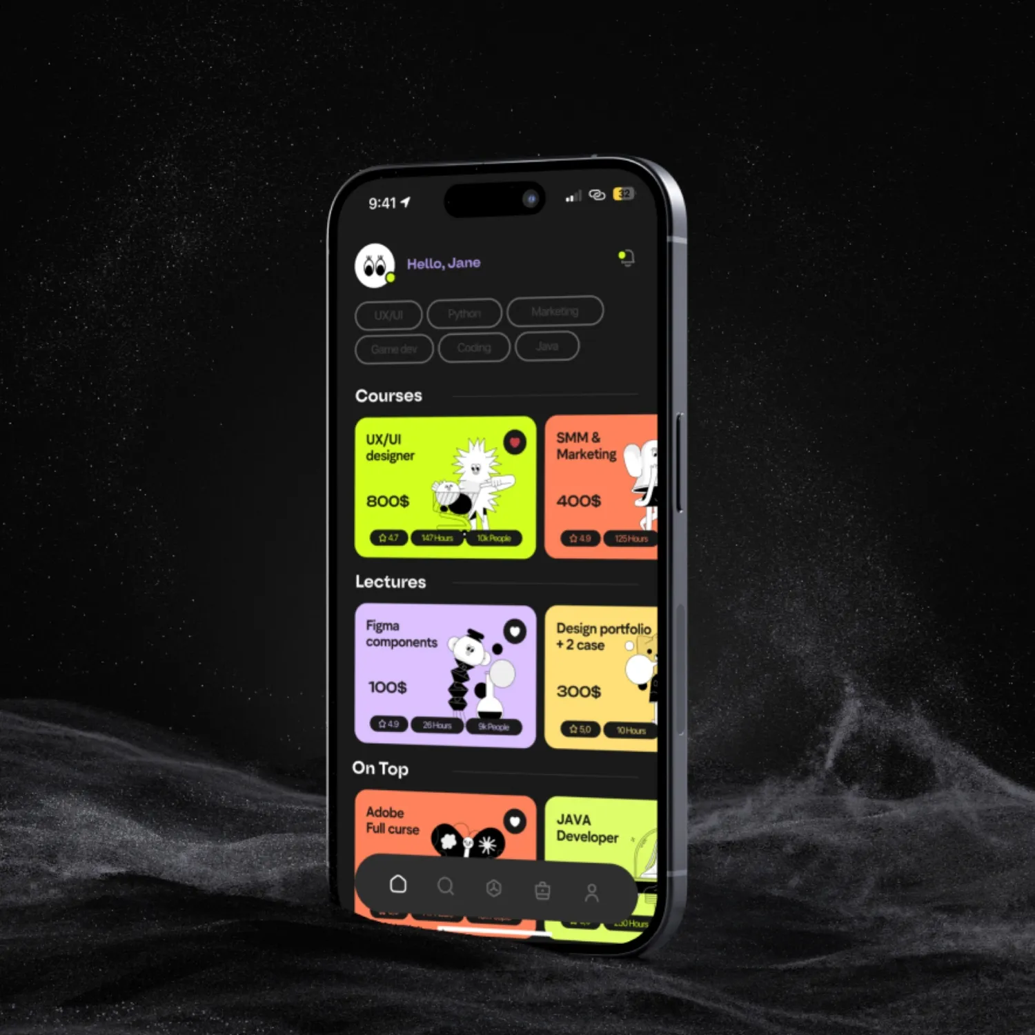 A cell phone with a screen showing a menu of courses.