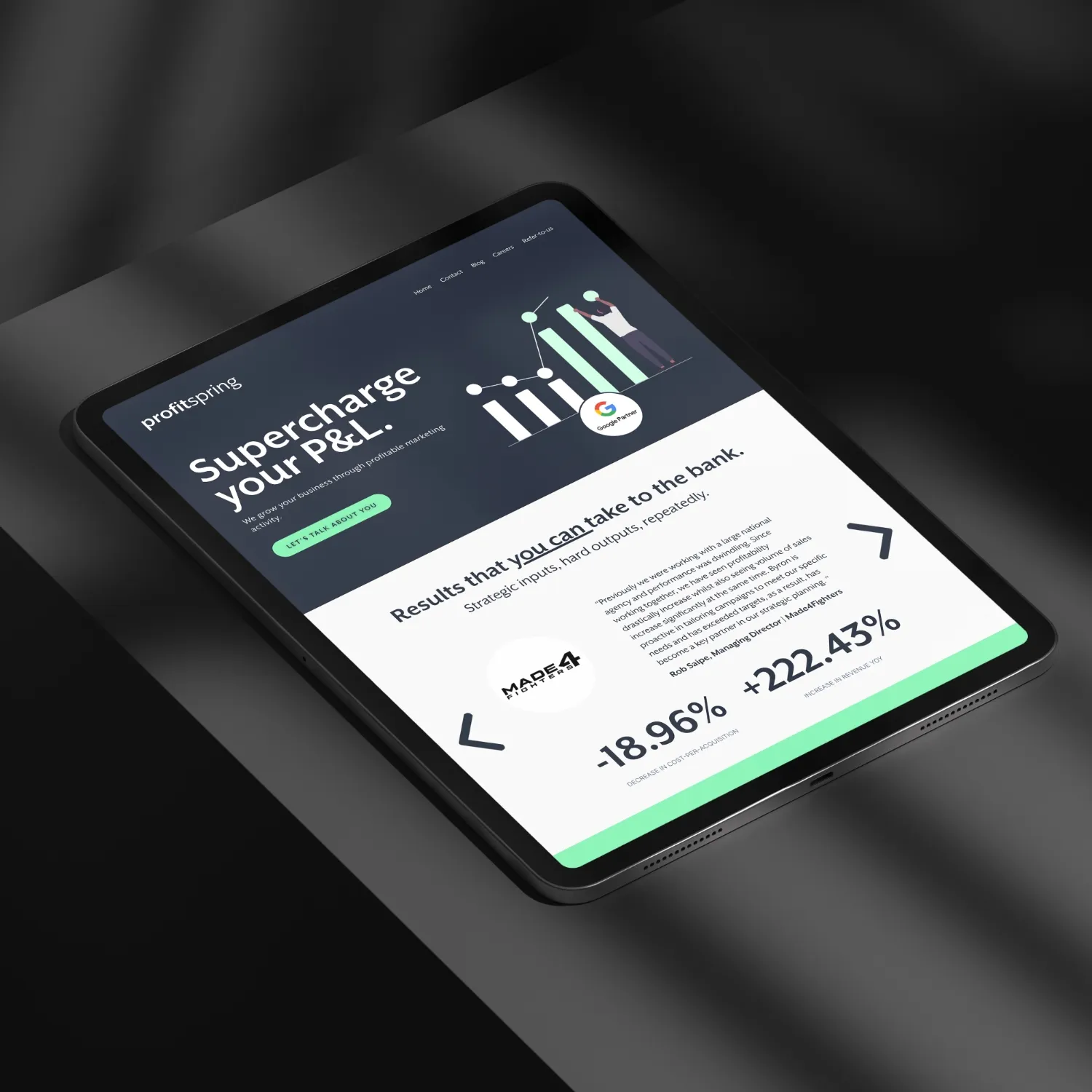 A website with a black background and a green and white logo.