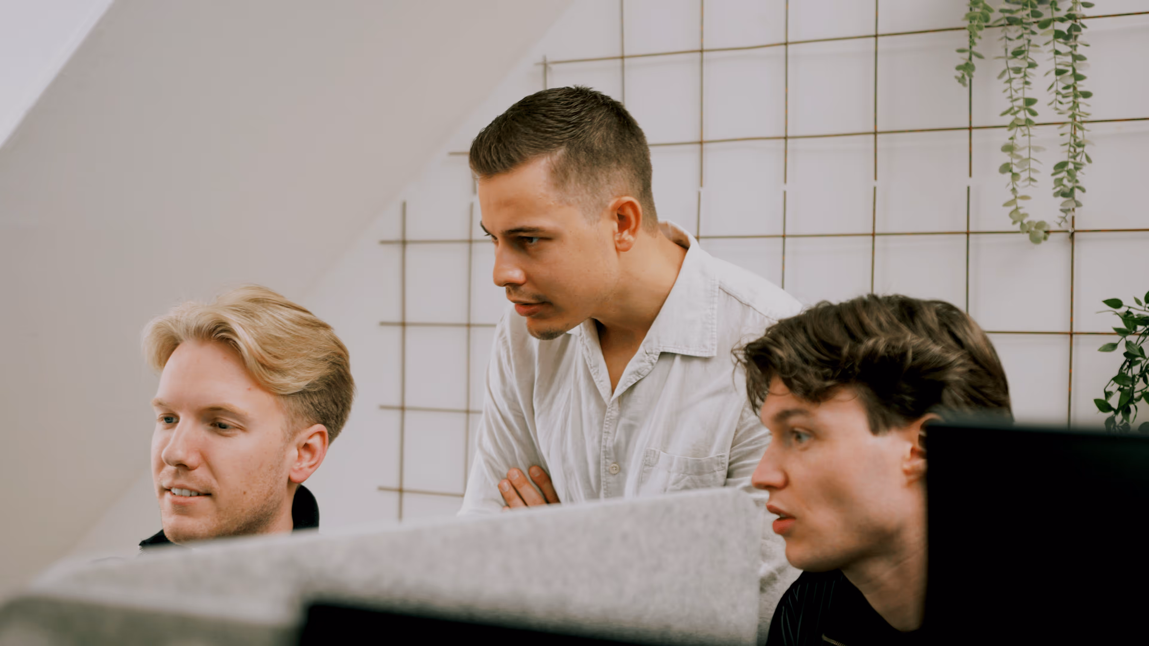 Tre unge mænd samarbejder ved computere i et lyst kontormiljø med grønne planter på væggen.