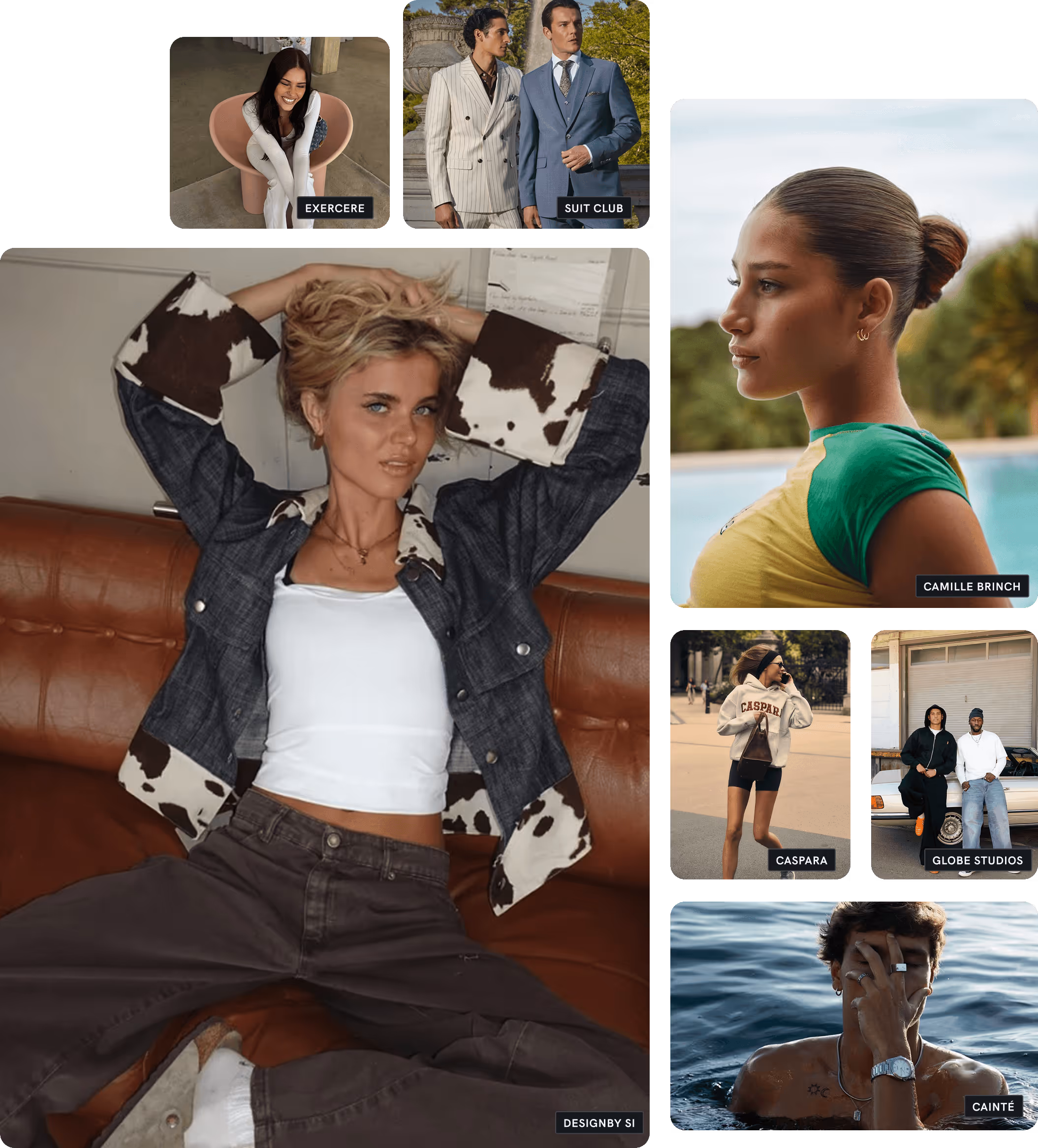 Collage af modebilleder med forskellige modeller i afslappede og sofistikerede outfits i både indendørs og udendørs omgivelser.