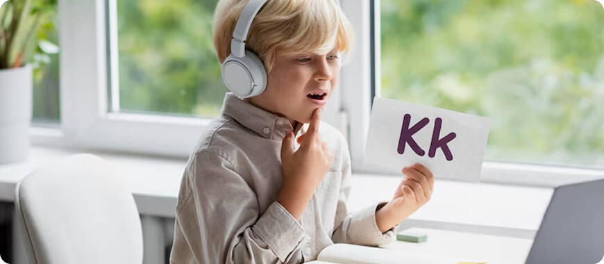 A child wearing headphones, focusing on practicing the sound 'KK' as part of an English pronunciation exercise.