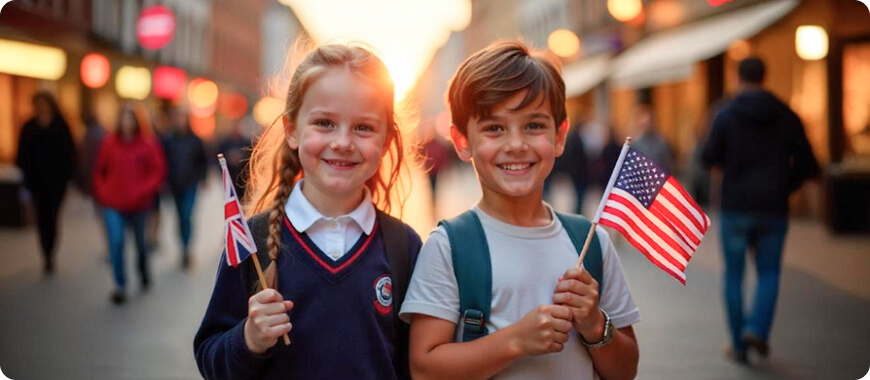 Dos niños sosteniendo banderas británica y estadounidense, sonriendo.