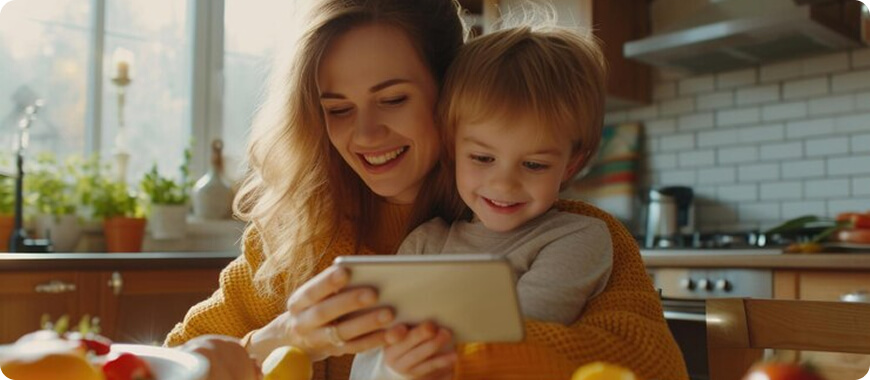 A mother and her child smiling while using a tablet together.
