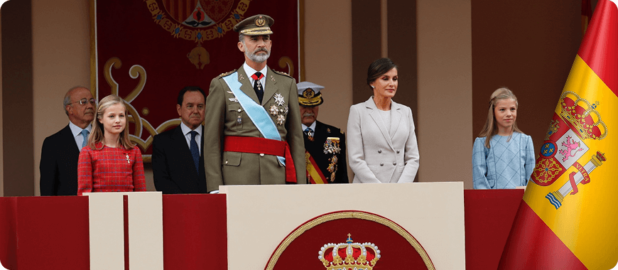 National symbols of Spain, including the Spanish flag, coat of arms, and royal family
