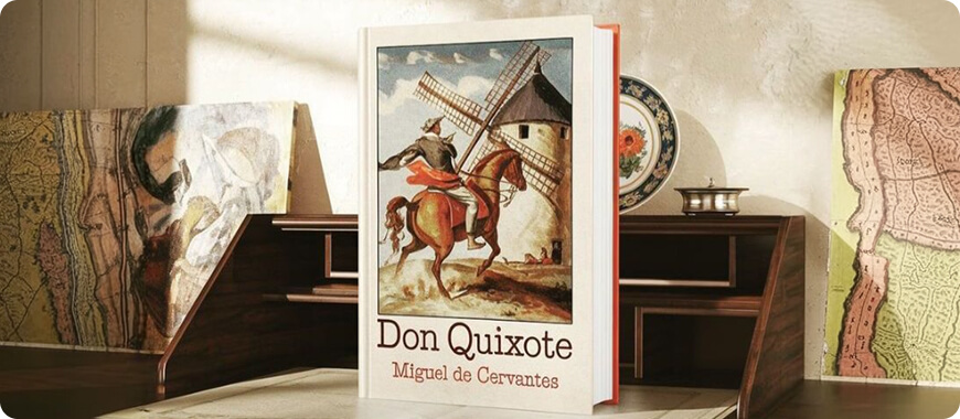 The cover of Don Quixote by Miguel de Cervantes — a classic novel that introduces kids to Spanish literature and helps them practice reading comprehension in English!