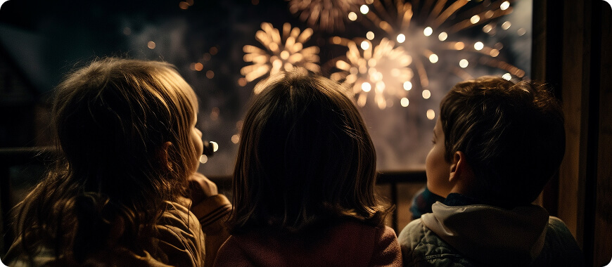 Children enjoying a fireworks display, learning about Spanish traditions and holidays while practicing English.