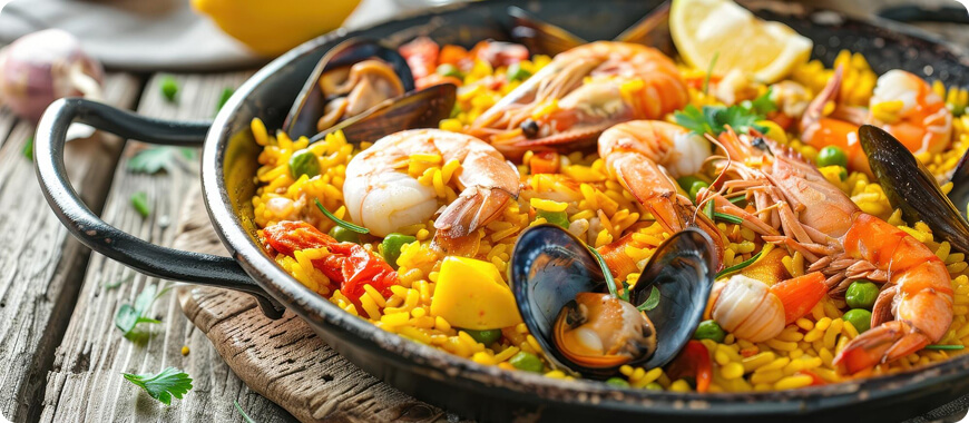 Colorful paella dish with seafood and vegetables — learn fun vocabulary like 'seafood,' 'vegetables,' and 'saffron' while exploring Spain’s delicious cuisine!