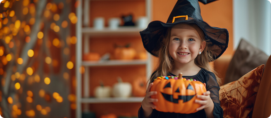 Un niño alegre vestido como bruja para Halloween, sosteniendo una calabaza decorada, rodeado de luces y decoraciones festivas.