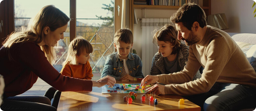 Una familia disfrutando de un juego de mesa juntos, fomentando el aprendizaje de idiomas y el vínculo familiar mientras crían a niños bilingües de manera divertida e interactiva