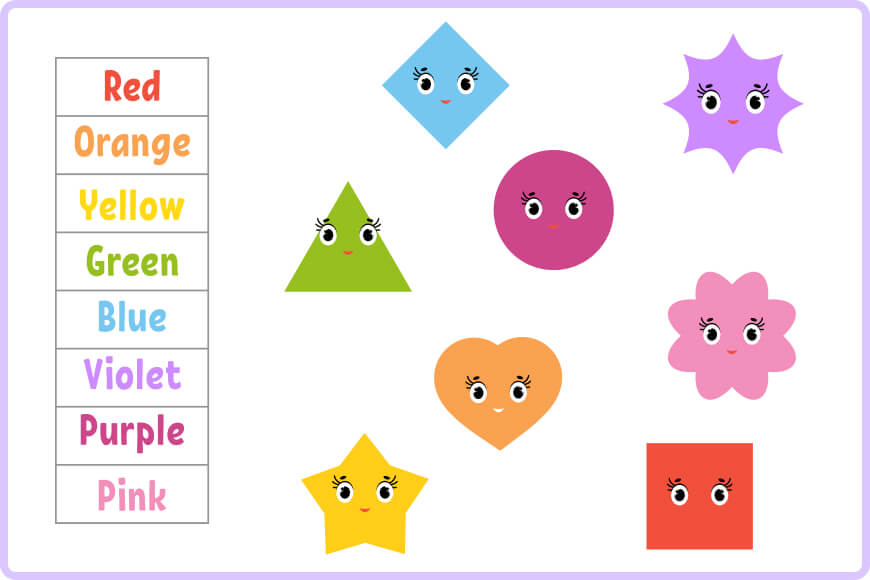 Colorful shapes with faces and labels showing basic English color vocabulary — red, orange, yellow, green, blue, purple, pink.