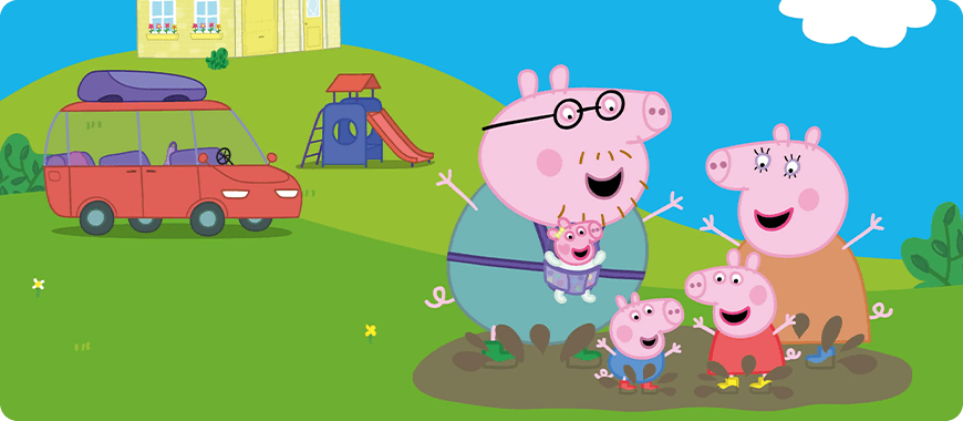 Peppa Pig family enjoying a muddy puddle jump — fun, simple English dialogues perfect for young ESL learners.