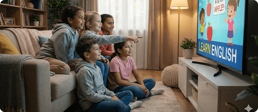 Group of diverse children watching educational English TV show together — engaged, smiling, learning vocabulary in a fun, relaxed home environment.
