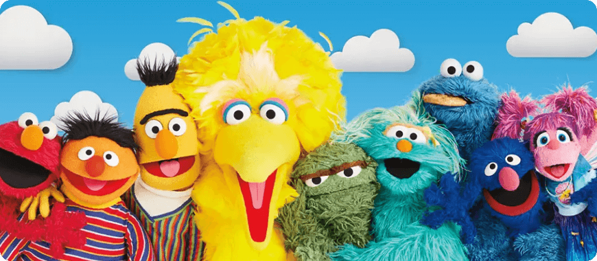 Sesame Street characters like Elmo, Big Bird, and Cookie Monster — engaging, educational content to learn English through songs and games.