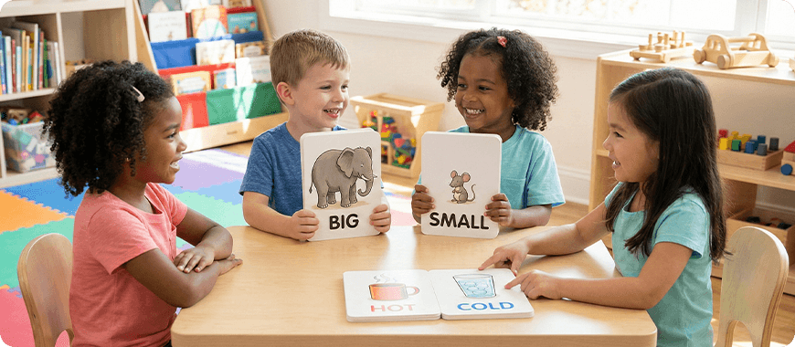 Children learning opposite words in English with fun flashcards — “big” vs “small”, “hot” vs “cold” — perfect for ESL vocabulary building.
