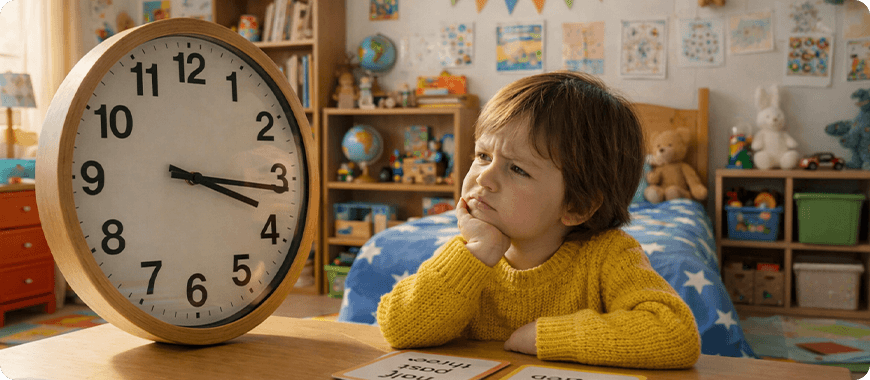 Little boy learning how to tell time on an analog clock — perfect for teaching kids English time expressions.