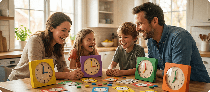 Happy family playing with colorful educational clocks while learning how to tell time in English — perfect for home or classroom use.