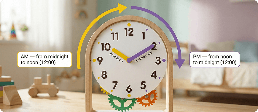 Educational analog clock showing AM and PM time zones with arrows — great visual aid for teaching kids English time concepts.