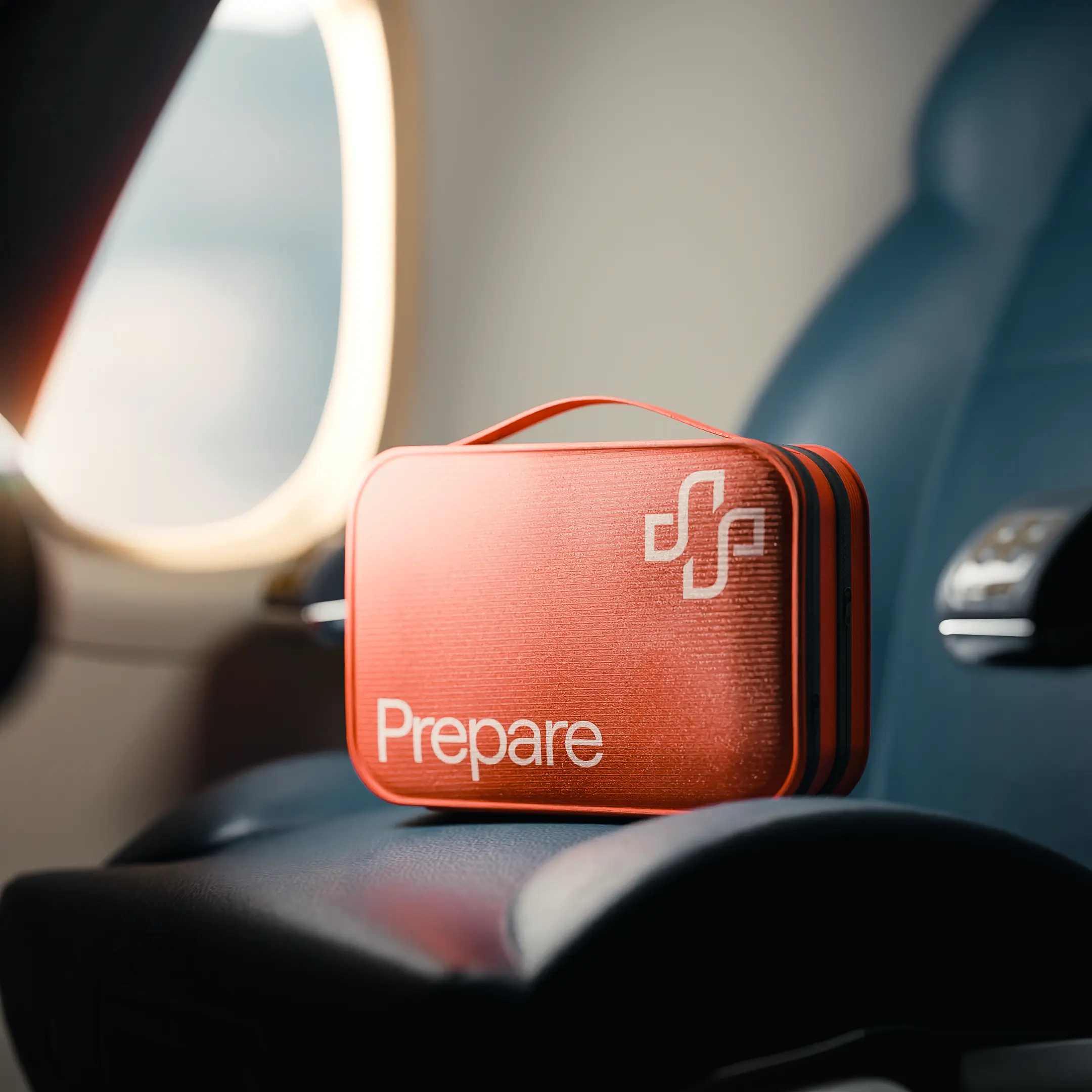 an image showing an orange first-aid kit on an airplane seat near the window