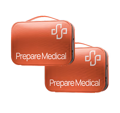 an image showing an orange first-aid kit on an airplane seat near the window