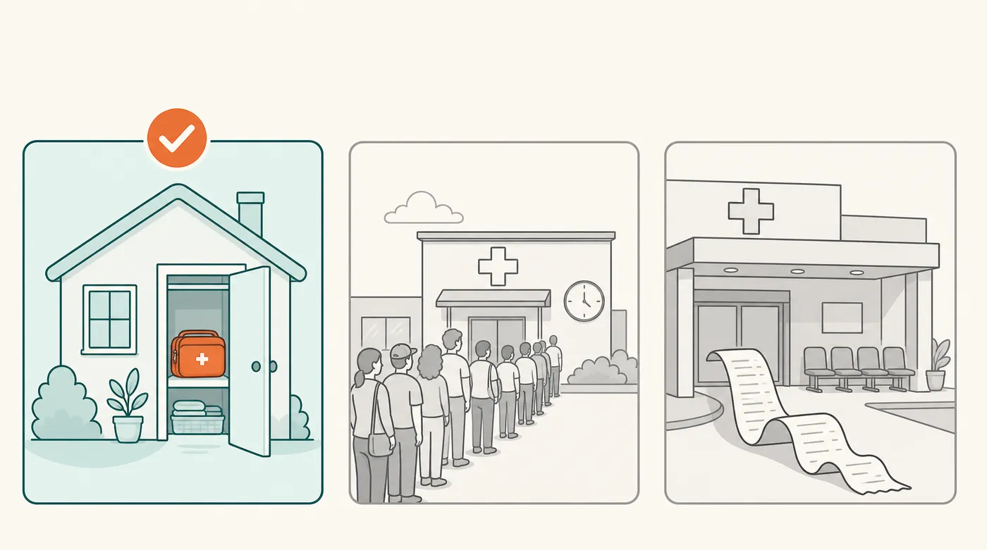 A kit in a home closet compared to a long urgent care line and an ER bill