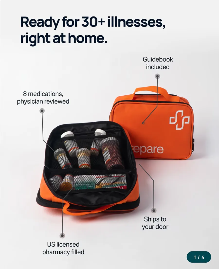 The Prepare Medical kit, open, showing medications and guidebook