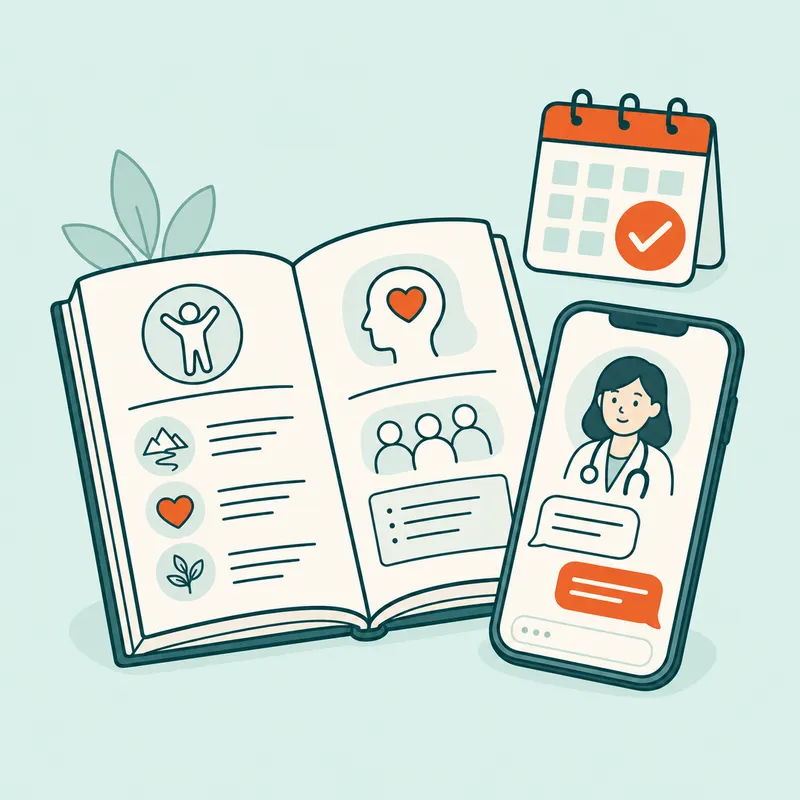 A printed guidebook next to a phone chat with a specialist