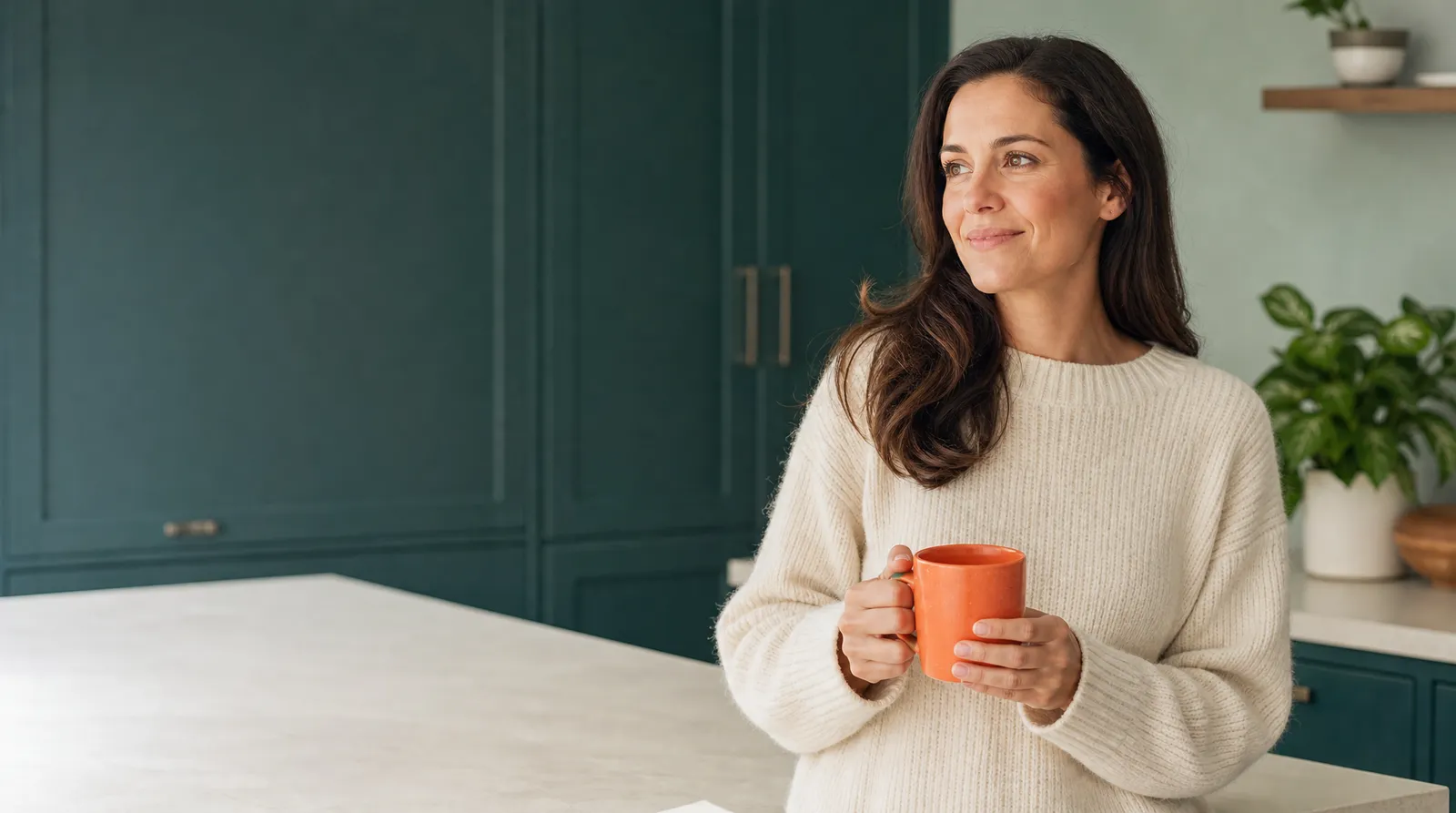 A woman at home in her kitchen holding a mug, calm and relaxed