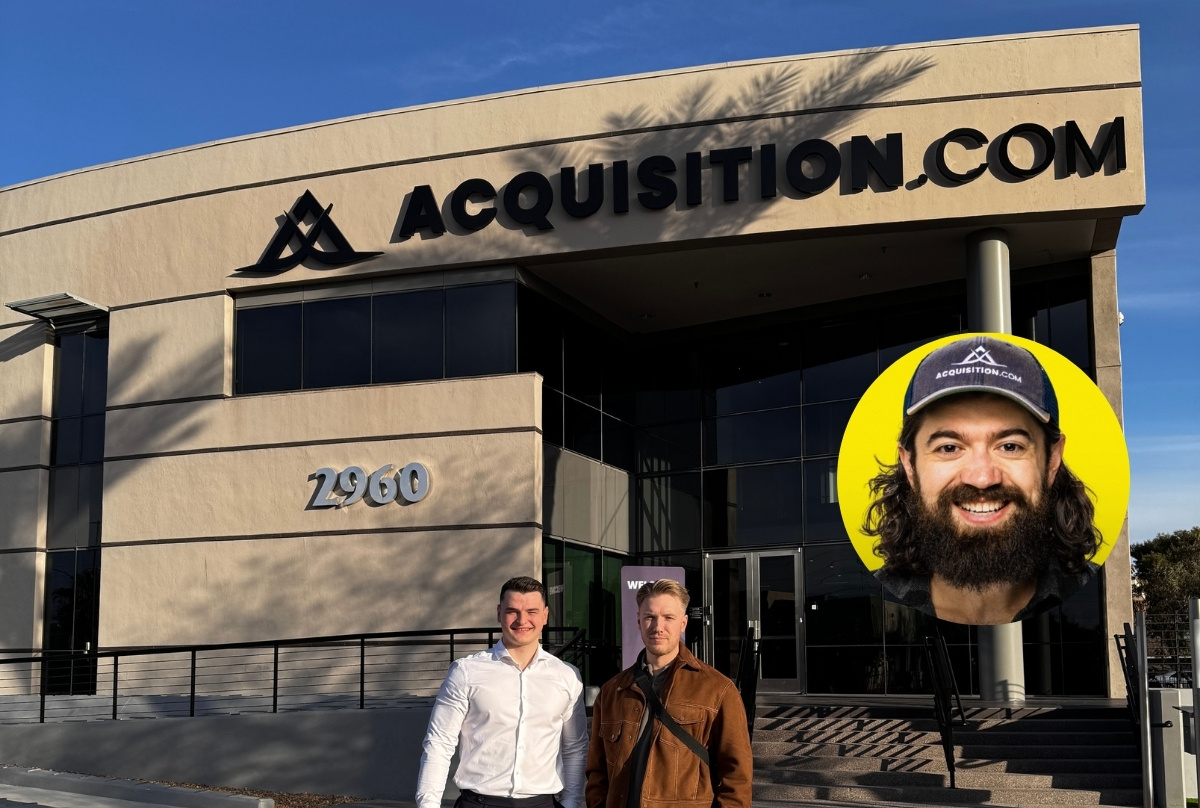 Acquisition.com headquarters building. Christian Kjærsgaard and Frederik Wind from FABO at Acquisition.com with Alex Hormozi and Leila Hormozi. 
