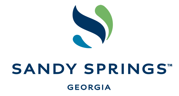 Sandy Springs logo with stylized green and blue leaves above the city name in navy blue text.