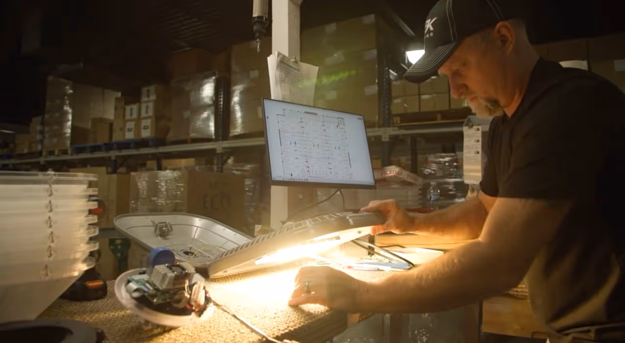 Man inspecting and assembling an illuminated electronic device with a computer display in a warehouse.