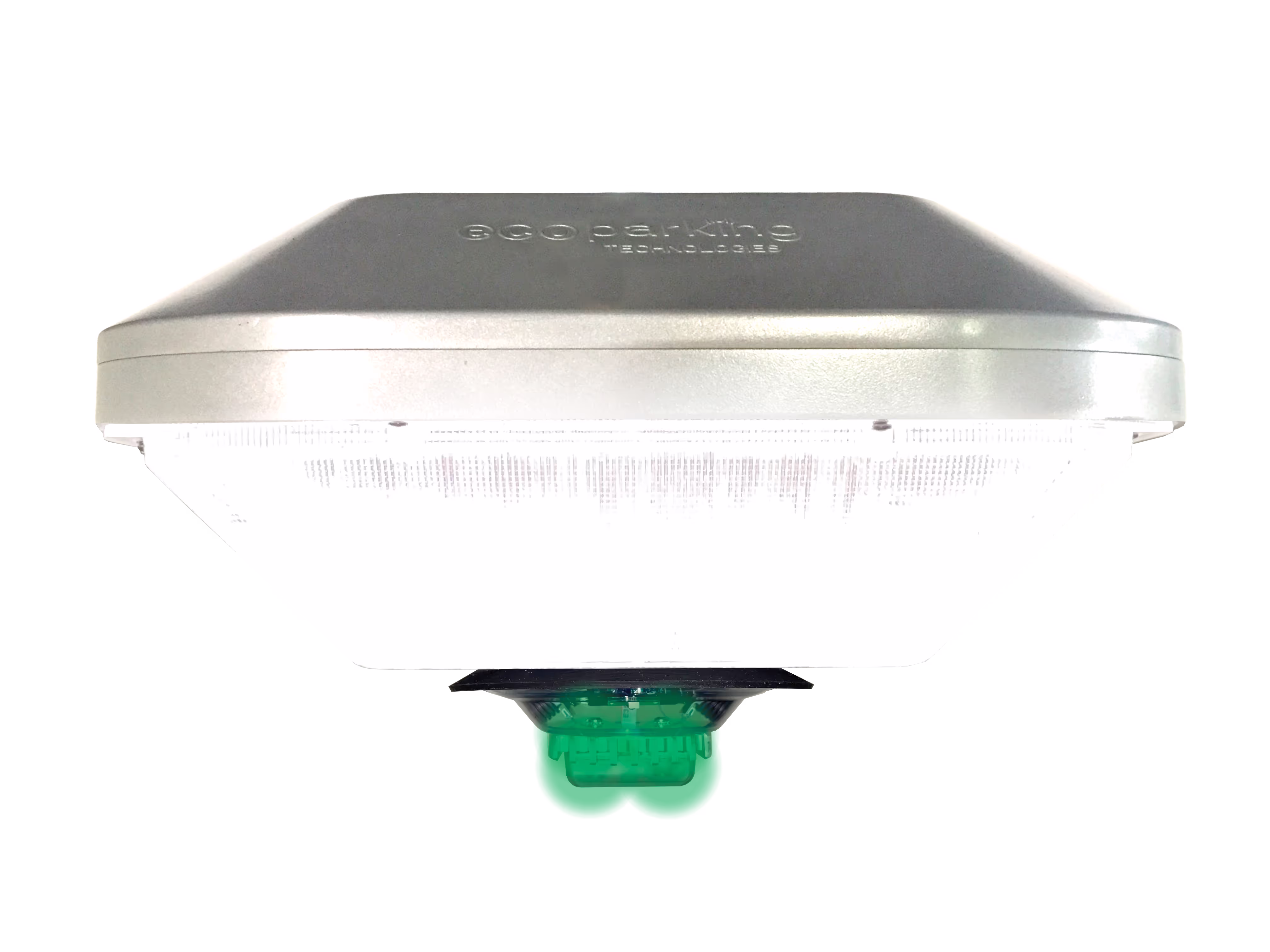 Gray Ecoparking Technologies parking sensor device with a green connector on a white background.