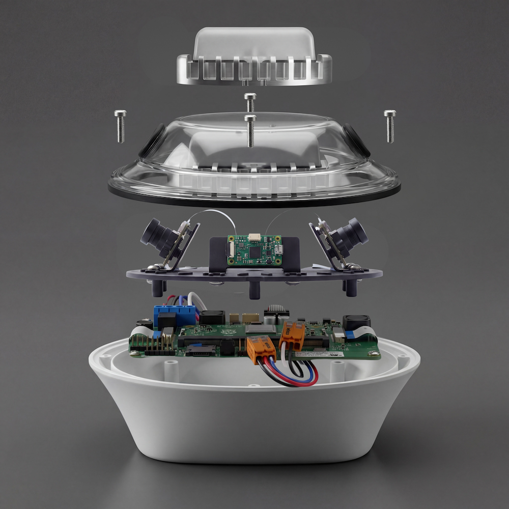 Exploded view of an electronic device showing circuit boards, cameras, screws, and plastic casing layers.