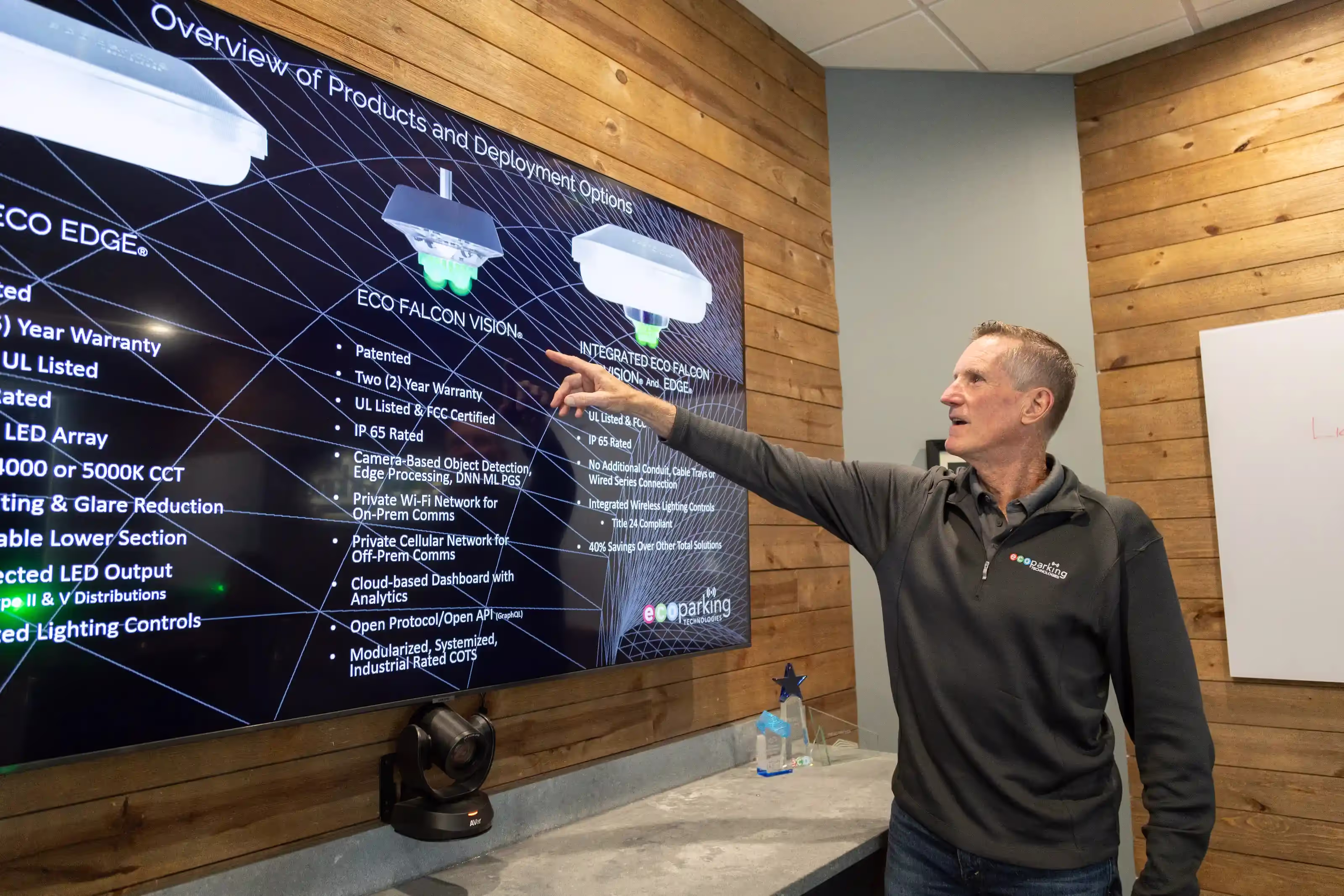 Man pointing at screen showing overview of ECO Falcon Vision and Eco Edge product features.
