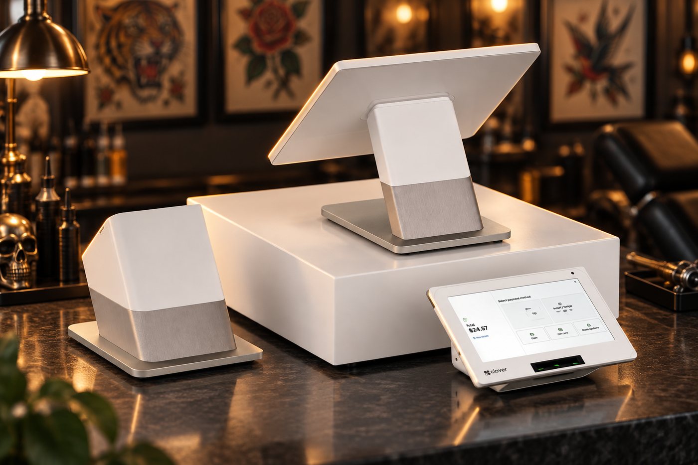 Clover Station Duo countertop POS on a tattoo shop counter
