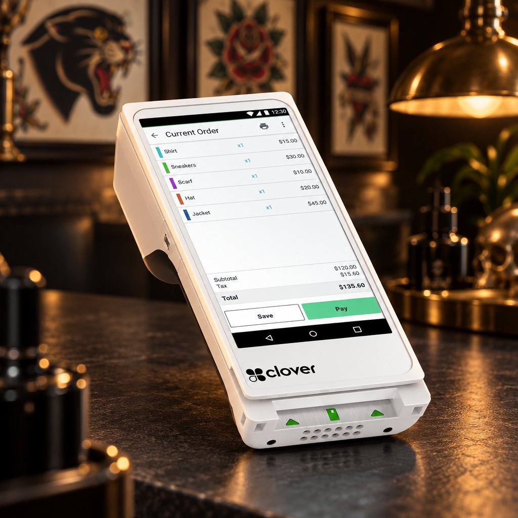 Clover Flex handheld card terminal on a tattoo shop counter