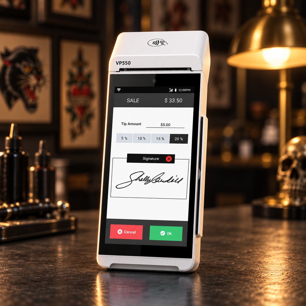 Valor VP550 handheld card terminal on a tattoo shop counter