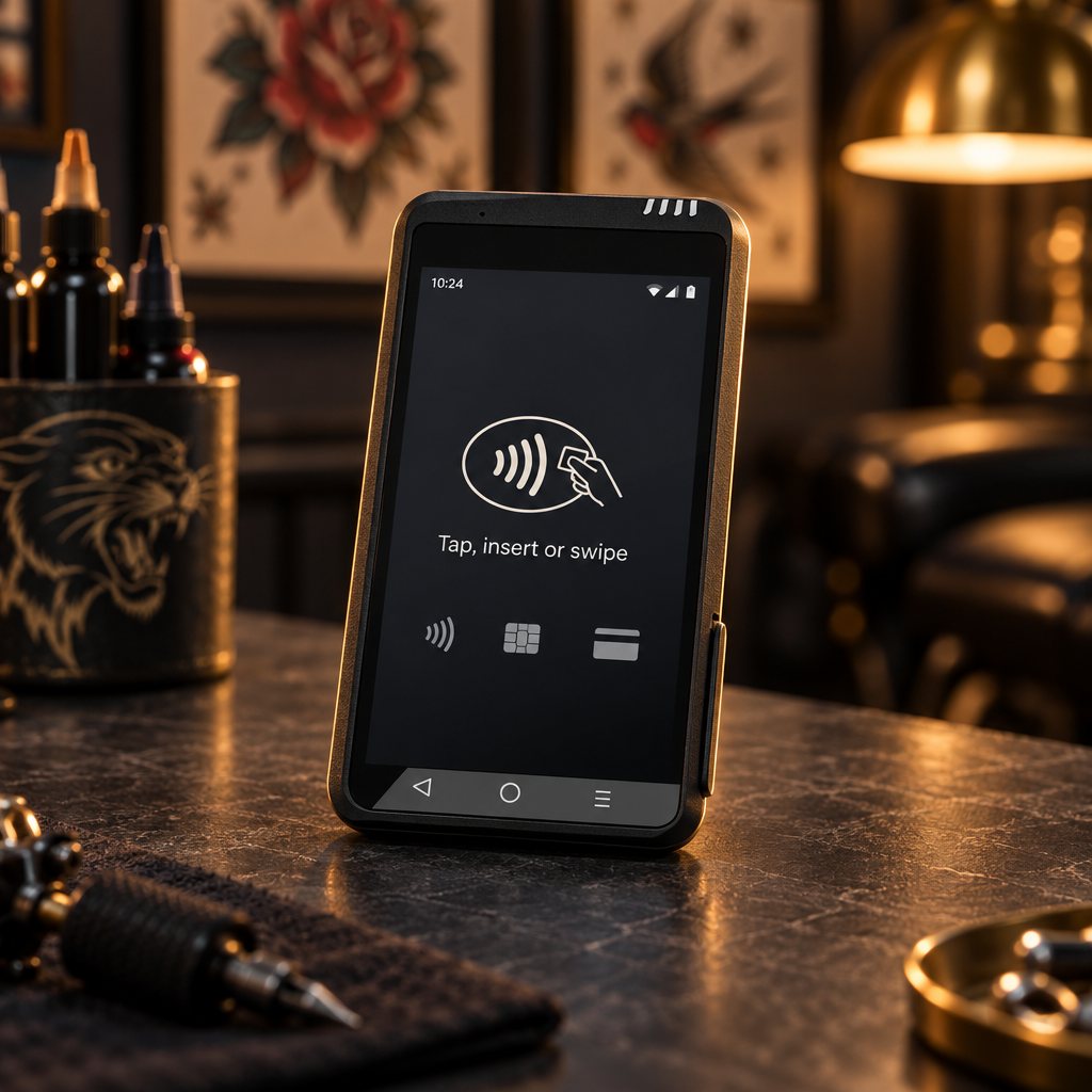 Dejavoo QD2 mobile card terminal on a tattoo shop counter