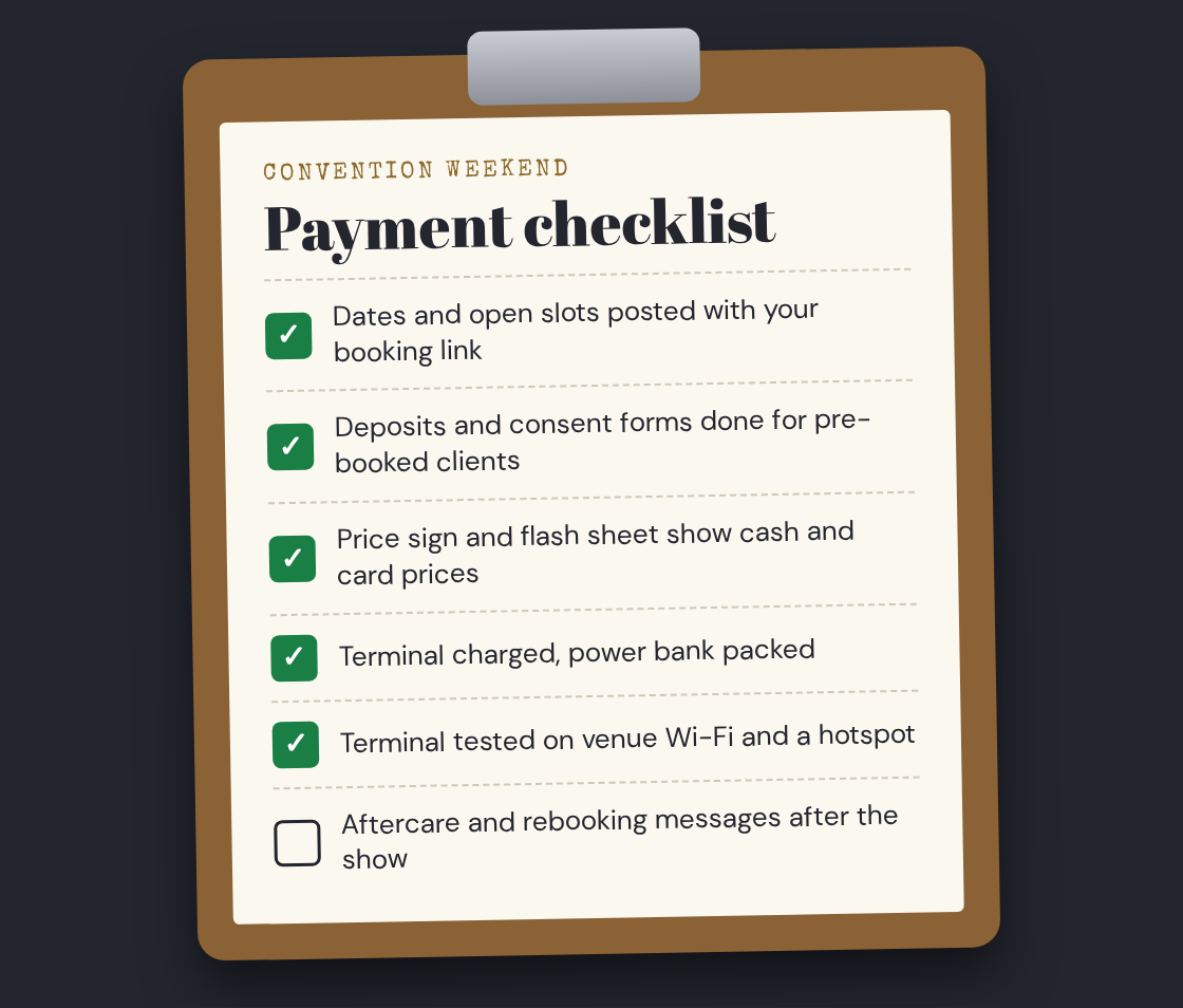 Convention weekend payment checklist on a clipboard