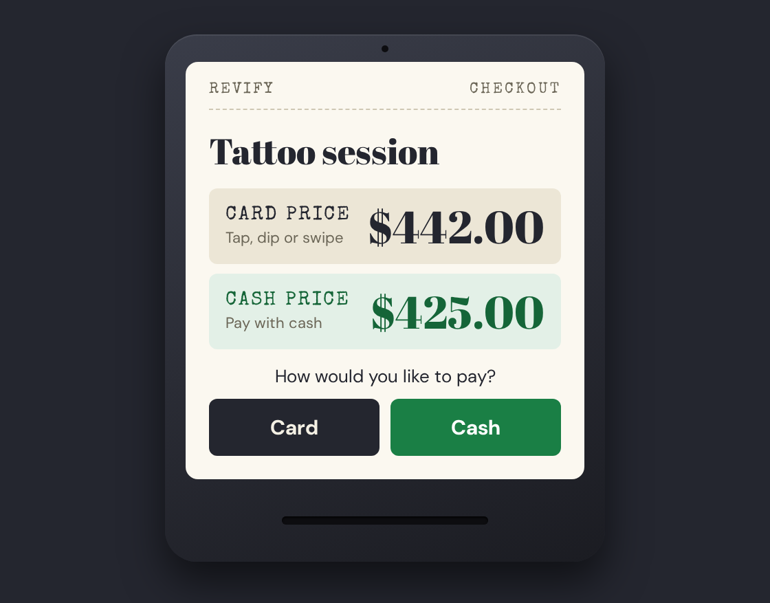 Revify terminal showing a tattoo session with a card price of $442 and a cash price of $425