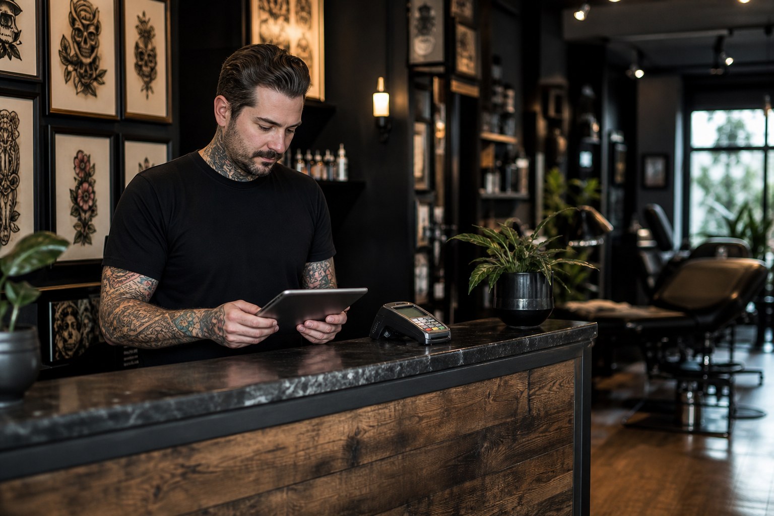 Tattooed tattoo shop owner reviewing business numbers on a tablet at the front desk next to a card payment terminal