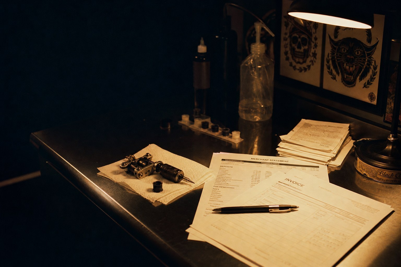 Tattoo station at closing time with a merchant statement and invoices under the lamp